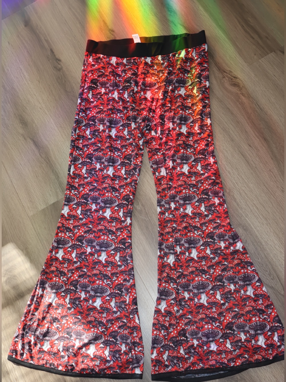 iHeartRaves Red Mushroom Print High Rise Bell Bottoms Trippy Psychedelic Pants